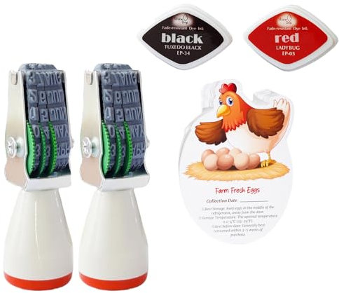 Egg Dater Kit, 2 Rubber Egg Stamps, 2 Ink Pads (Red & Black), 50 Farm Fresh Egg Handling Cards