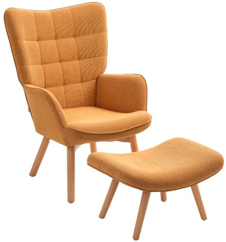 HOMCOM Ohrensessel mit Hocker Sessel mit Cordoptik für Wohnzimmer Braun | Loungesessel, Modern Relaxsessel, Armlehnensessel, Lesesessel, für Schlafzimmer