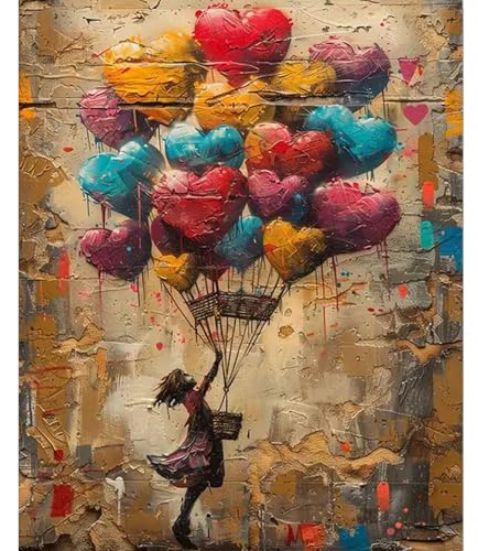 JATOK Paint by Numbers for Adults, Girl with Heart Balloons, 40 x 50 cm | clear-symbol pre-printed canvas, acrylic painting kit, beginner DIY craft, unframed wall décor, 16 x 20 in