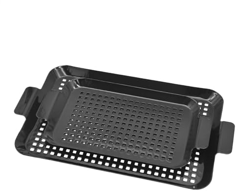 Grillpfannen für Outdoor-Grill, 2 x Grilltablett, antihaftbeschichtet, Grillaufsatz mit Griffen, Grillschale für BBQ-Grillzubehör, Camping-Kochgeschirr für Holzkohlegrills, Räuchergrills