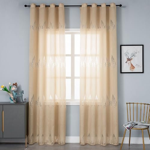 Wycian Curtains Gardinen 2er Set Gelb Voile Blätter Muster H183 x B102 cm (2er Pack) Polyester Fertiggardinen