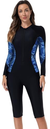 Odizli Neoprenanzug Damen Kurz Langarm Reissverschluss Muslim Burkini Sport Bauchweg Badeanzug mit Bein Schwimmanzug Frauen Badeanzüge mit Cups Bademode Surfanzug Große Größe Schwarz Blau L