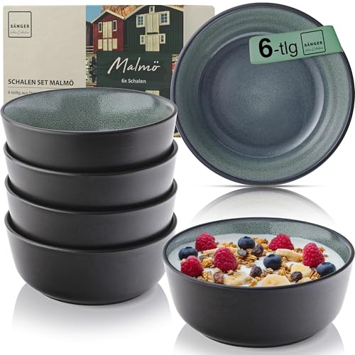 SÄNGER Malmö Steingut Müslischalen Bowl Schüssel 6 teilig, Schüssel | Set 6 Personen, Schale spülmaschinen- mikrowellen- kratzfest, Schüsseln grün mit schwarzem Rand 600 ml