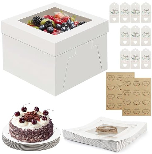 ROTKUSZ 10 Pièces Boîtes à Gâteau avec Planche à Gâteau, Boîte à Gâteau en Carton avec Fenêtre de Visualisation Blanche, Boite Transport Gateau pour Biscuits, Beignets, Desserts
