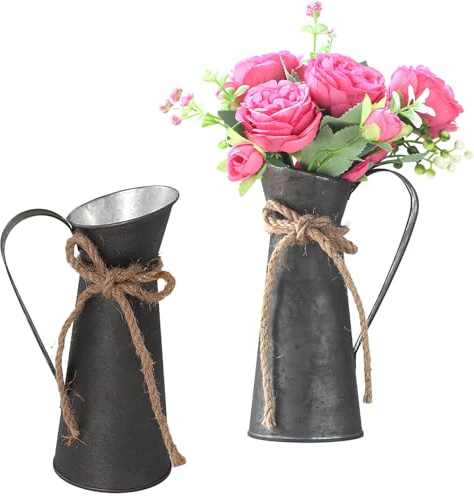 2 Stück Milchkanne Deko Klein, Vintage Deco Vase, Retro Deco Milchkanne, Vintage Deko Metall Blumenvase Set, Rustic Decorative Metal Milk Jugs für Hochzeitsdeko、Garten Tischdeko