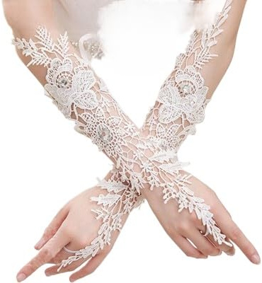 YKAFADE Damen Hochzeit Brauthandschuhe Fingerlose Spitze Handschuhe mit Blumen Perle Abendhandschuhe Weiße Spitzenhandschuhe Klassische Oper Party Handschuhe 1920er Jahre Zubehör Kostüm Accessoires