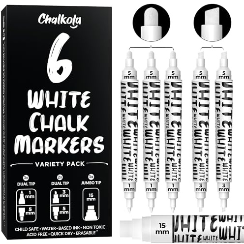 Chalkola 6 Dual Spitze Kreidestifte für Tafel Abwaschbar, Kreidestift Weiß | Kreidemarker Abwischbar Dual Spitze 1mm 3mm 5mm 15mm, Glas & Fensterstifte Abwaschbar, Tafelstifte Abwischbar, Chalk Marker