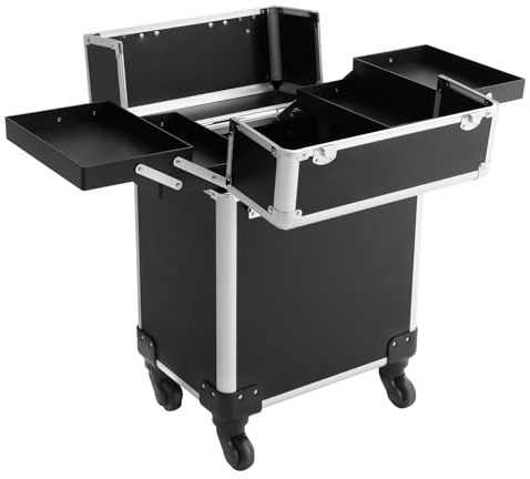 Mallette cosmétique professionnelle couleur noire avec 4 roues amovibles et coins de protection 34 x 24 x 47 cm Idéal pour les maquillages, les conceptions d'ongles et les voyages