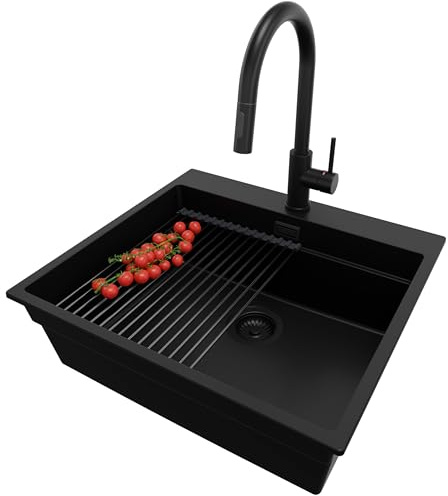 PRIMAGRAN Lavandino da Cucina al Mobile 60cm + Rubinetto, 58x53cm | Set: Rubinetto BW9010 + Kit di scarico + Scolapasta avvolgibile + Lavello in Granito a 1 Vasca - Oslo Max Level, Tutto Nero