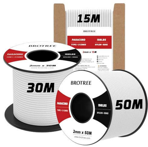 Brotree Paracord 2mm 15M 100% Nylonrep 3 Trådar Typ I Snöre för Utomhus, Hundkoppel, DIY, Hantverk - 90kg Brottlast (Vit)