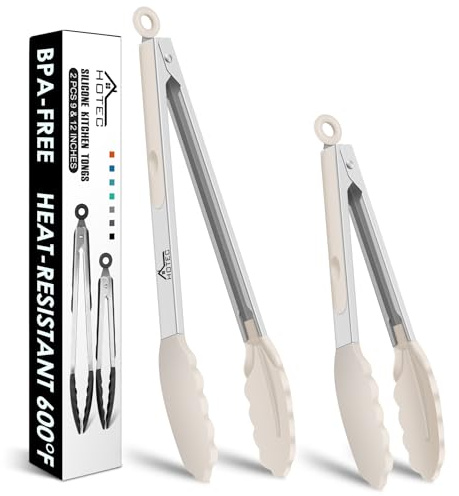 HOTEC Premium Stainless Steel Locking Kitchen Tongs with Silicon Tips, Set of 2-9 and 12,Khaki