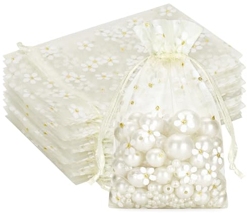 G2PLUS 10x15cm Beige Organzasäckchen mit Gänseblümchen-Muster: 30 Stück | Geschenkbeutel mit Kordelzug, Medium Organzabeutel für Hochzeitsgeschenke, Schmuck, Parfüm, Mitbringsel