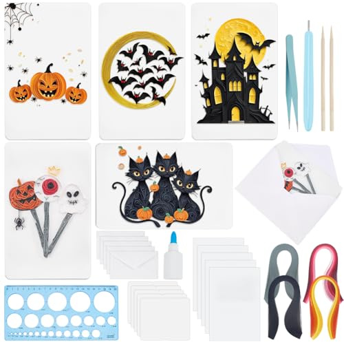 WEBEEDY 20 Set Halloween Paper Quilling Kit Für Erwachsene Anfänger 5 Stile Kürbisse Fledermäuse Schwarze Katzen Spinnen Grußkartenherstellungskit Mit Anleitung Für Halloween Partydekoration