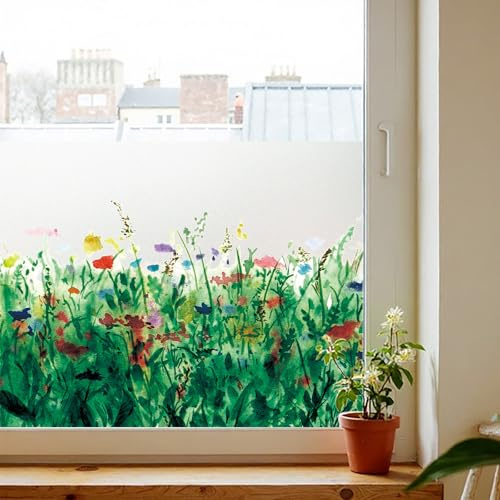 Fensterfolie Blickdicht Selbsthaftend,Sichtschutzfolie Fenster Innen Statische Fensterfolie ohne Kleber,Fenster Folie Blickschutz für Bad Kinderzimmer,Colorful Flower Field 44X200CM