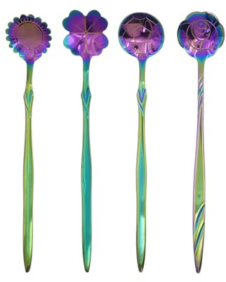 Flower Spoon Set - 4pcs DBOO Teaspoon Rainbow Color for Coffee Tea Mixing Sugar Ice Cream Stir Bar Spoons - 4 Diffient Pattern Colorful Mini Cutlery Set