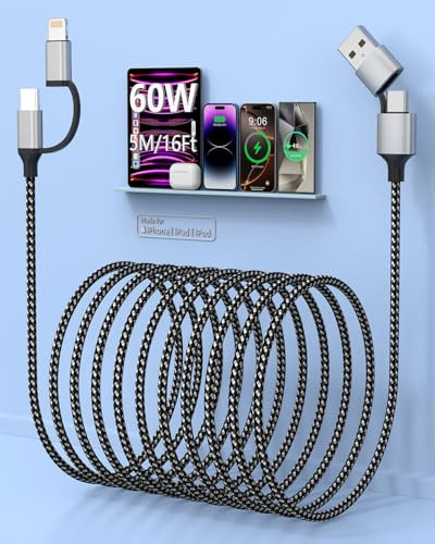 Quanlex Extra Long iPhone Charger Cable 5M, 60W Fast Charging Cable USB-C and Lightning 4-in-1 Cable 15FT Braided Charging Cord Multi Lightning/Type C/USB A for iPhone 16/15/14, iPad,Samsung,Android