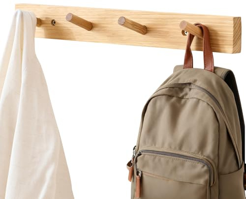OAKERLAND Wooden Coat Rack Wall Mounted, 40cm Hickory Wood Floating Jackets Hooks for Bag, Scarves, Handbags, 4 Hooks Coat Rack for Entryway, Living Room, Bedroom, Office