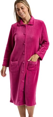 Marlon Ramona Robe de chambre confortable en polaire corail pour femme - Robe douce et chaude avec fermeture à boutons ou à glissière, col Claudine et poches, Framboise, 44-46