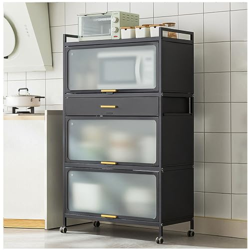 Küchenschrank, 170,2 cm, Metall, Mikrowellenständer und Bäckerregal mit Rollrollen und Schublade, vielseitiger, freistehender Nizer für Esszimmer, Wohnzimmer, Arbeitszimmer, Schwarz, 80 x 134,6 cm