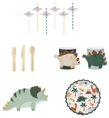Schiggeria Dinosaurier Party-Set, Teller und Besteck, Kindergeburtstag Deko mit Dino-Motiv, Grün und Beige für 6 Personen