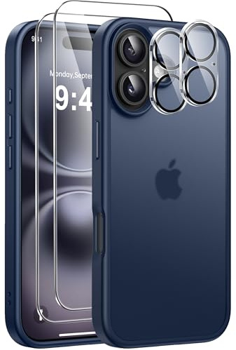 Guisessy 5 en 1 Funda para iPhone 16, Azul Oscuro | 2 Protector de Pantalla y 2 Protector Lente Cámara, Protección Militar PC Resistente Anti-Amarillo Antigolpes Antiarañazos
