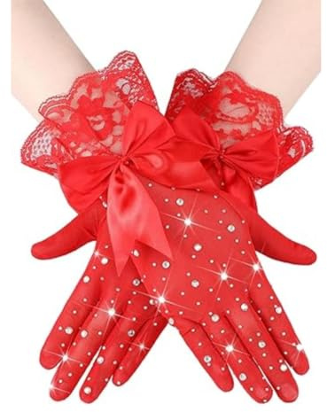 AMateschitz Damen Netzhandschuhe Elegante Kurze Spitzenhandschuhe mit Schleife Und Strasssteine Spitzen Brauthandschuhe Kurze Lace Gloves Fishnet Handschuhe für Weihnachten Hochzeit Rot