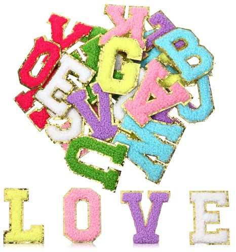 DOPENSPI 26 Stück Buchstaben zum Aufbügeln A-Z Patches,Alphabet Embroidered Patch Gestickte Applique-Aufnäher Alphabet Bunte selbstklebende Aufnäher für Kleidung,Mützen,Schals,Taschen