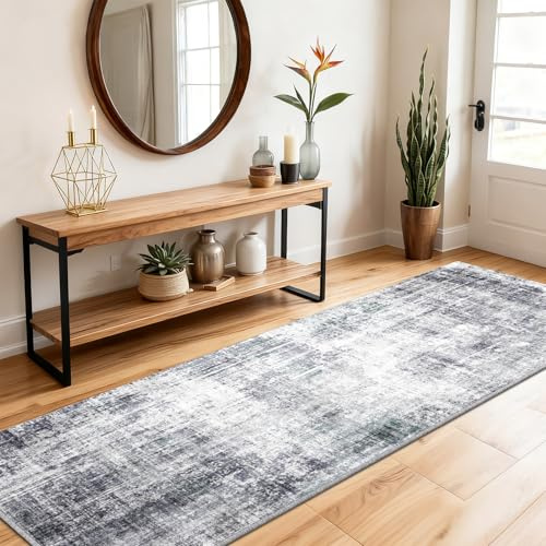 SOANNY Teppich Läufer 60x180 cm Kurzflor, modern abstrakt, super weich, waschbar und rutschfest für Flur, Wohnzimmer, Schlafzimmer, Bettumrandung, Küche, Heimbüro, Korridor und Treppe, Hellgrau