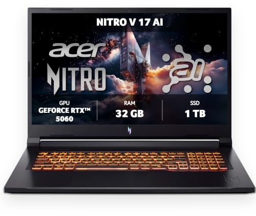 Acer, Nitro V 17 AI, Gaming Laptop, 17.3 inches, Full HD 144 Hz Active Matrix TFT LCD Display, AMD Ryzen 7 260, 32 GB RAM, 1 TB SSD, NVIDIA GeForce RTX 5060, Windows 11 Home, Black, ANV17-41