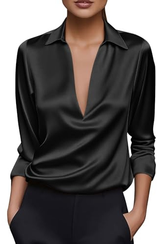 Silk Satin Tops for Women Elegant V Neck Satin Blouses Going Out Turndown Collar Long Sleeve Shirts Casual Smart Work Business Blouse Office Wear Dressy Tunic Top Black