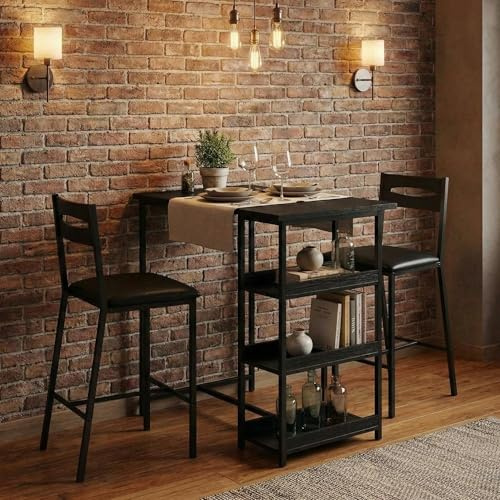 Garvee Bar Tisch Und Stühle Set, 3 Stück Bar Tisch Set Mit Mit Flip Top Erweiterung Und Aufbewahrung Regale, Esstisch Set Für 2, Geeignet Für Kleine Raum Küche Wohnung,Schwarz