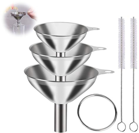 Dreiteiliges Set Trichter KüChe,Minifilter Trichter Edelstahl Mit Griff Und Zwei ReinigungsbüRsten Trichte Klein,Stapelbar Mini,Zum UmfüLlen Von FlüSsigkeiten,SpeiseöLen,Pulvern