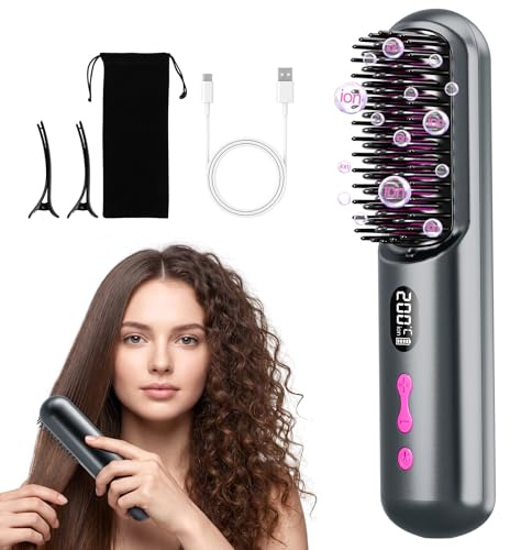 Cepillo alisador de pelo inalámbrico, portátil, para viajes, con iones negativos, 9600 mAh, recargable por USB, con peine caliente para mujer (Gris)