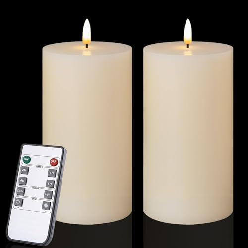 volnyus Flameless Candles Set of 2 (3x6 inch) Flickering LED Wax Candles Battery Operated with Remote Control Timers for Night Light/Fireplace/Party Dimmable Ivory Pillar Candles Flat top