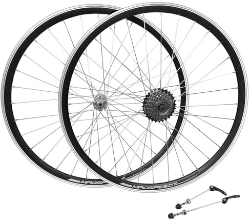 Madspeed7 QR 700c (ETRTO 622x14) Road Racing Bike Wheel Set + 7 speed Freewheel (14-28t) - Suitable for Rim Brake only - Sealed Bearings Hubs (Very Smooth Hubs) - Double Wall - 32x Silver Spokes