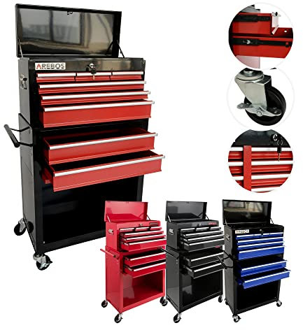 Arebos Werkstattwagen 9 Fächer | inkl. Antirutschmatten | Kofferaufsatz mobil & herausnehmbar | zentral abschließbar | kugelgelagert | inkl. Feststellbremsen | Rot-Schwarz