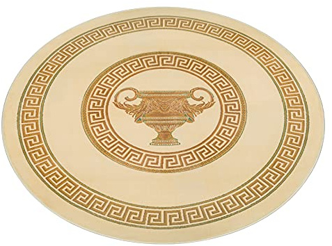 Runder Teppich in beige gold 150 Durchmesser Mäander Amphore Muster mit Fransen Wohnzimmer Schlafzimmer Flur Rund - Kurzflor 100% Viskose weich rutschfest öko tex - creme beige, 150 cm, Rund