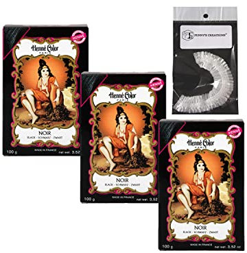 Black Henne Color Henna Hair Dye Powder 3 x 100g with Fenny's Creations Shower Cap