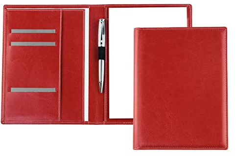 DELMON VARONE - Cartella portadocumenti premium inclusa con blocco note DIN A5 (50 fogli) in ecopelle vegana rossa - Cartella organizzativa per conferenze con portapenne e scomparto - Cartella