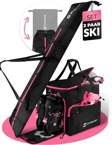 STYNGARD Skitasche Set 4-teilig (140cm-200cm) Skisack und Skischuhtasche mit Helmfach, Helmtasche, Bürste - Rolltop Skitasche und Skischuhtasche mit Lüftungsgitter Modell Salzburg