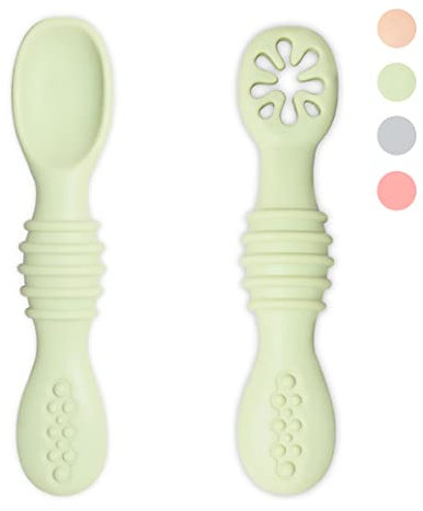 VegMai® PreCucharas Para Bebes. Cucharas BLW De Aprendizaje, Etapa 1 + Etapa 2. Recomendada Por Nutricionistas Y Expertos Baby Led Weaning. Cubiertos De Silicona Antibacteriana Y Ergonómicos. (Verde)