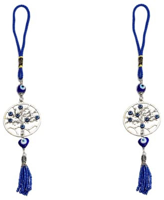 Confezione da 2 portachiavi con occhio blu malocchio portachiavi da appendere a parete amuleto albero della vita nappe portachiavi unici regalo buona fortuna, Argento, Taglia unica