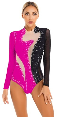 Manyakai Ballettanzug Damen Langarm Strass Glitzer Tanzbody Mesh Patchwork Tanztrikot Mit Stehkragen Glänzend Ballerinas Kostüm Tanzkleidung