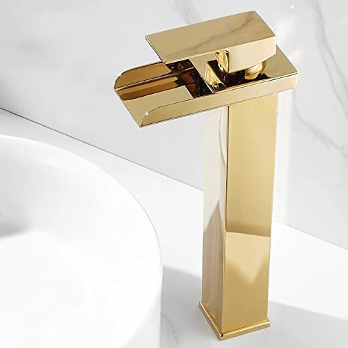 Robinet Vasque à Poser Doré Robinet Cascade Monotrou À Bec Large Robinet Lavabo Salle de Bain En Acier Inoxydable,A D'or