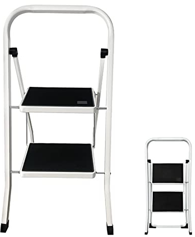 Stufenleiter 2 Stufenhocker mit Handgriff, klappbare Stahlleiter 150kg Belastung, robuste Oberfläche Tretstufe Größe 30x20cm, Standhöhe 46cm, tragbare leichte Stufenleiter