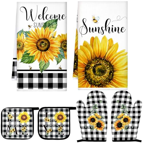 Bencailor 6 Pcs Spring Kitchen Decor Sunflower Pot Holders and Oven Mitts Sets Yellow Kitchen Towel 2 Farmhouse Cooking Mittens for Cooking Grilling Supply Accessories(Yellow,Sunflower)