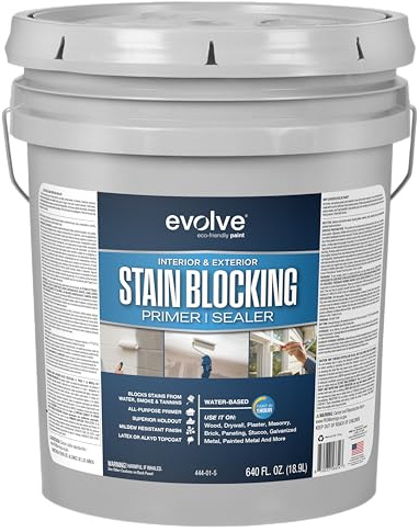 Evolve Stain Blocking Primer & Sealer, 5 Gallon – Interior & Exterior, Multi-Surface, High-Performance Stain & Odor Blocker, Excellent Adhesion, Low VOC, Fast Drying