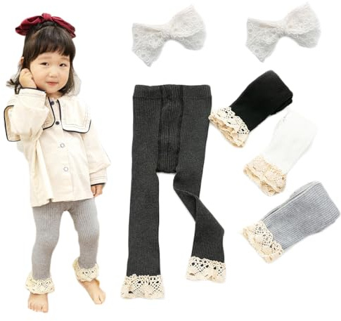 DUDUFUN Lot de 4 leggings tricotés pour bébé fille avec bordure en dentelle et nœud papillon (3 mois à 4 ans), a02, 12-24 mois
