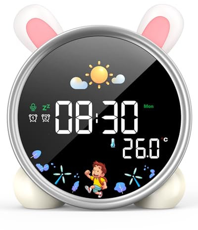 LEMNOI Sveglia per bambini, con 3 livelli di luminosità regolabili, 5 tipi di luci, 7 brani per il sonno, sveglia ricaricabile con funzione snooze per bambini, Con display della temperatura
