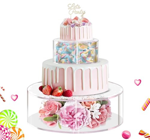 2PCS Clear Acrylic Cake Stands for Dessert Table, Giyiprpi Round Fillable Cake Box Riser with Lace Paper Doilies, Decorative Centerpiece for Wedding Birthday Party Display(8Inch, 12Inch)